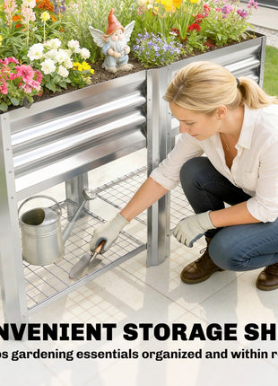 Raised Garden Bed Galvanized Steel, Elevated Planter Box with Storage Shelf, Bed Liner, 31.5" High, Silver