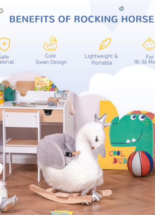 Kids Ride on Horse Swan Rocker with Sound, Plush Seat, Wooden Base, Safety Belt for Toddlers 18-36 Months, White