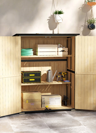 Wood Storage Shed, Outdoor Garden Shed with Asphalt Roof, 2 Shelves, Lockable Doors and Adjustable Feet, Natural