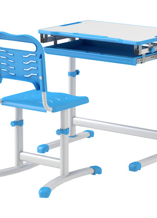Height Adjustable Kids Desk and Chairs Set with Tilt Desktop, Storage Drawer, Pen Slot, Hook, Blue
