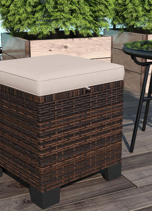 2 Piece Wicker Outdoor Ottomans with Cushions, Rattan Ottoman Footrest and Side Table for Patio, Yard, Poolside, Cream