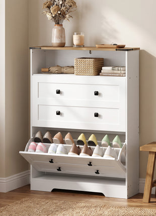 Shoe Cabinet with 2 Flip Drawers, Narrow Shoe Storage Cabinet, White