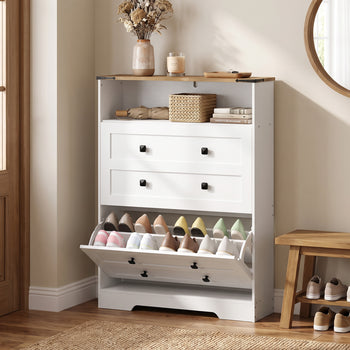 Shoe Cabinet with 2 Flip Drawers, Narrow Shoe Storage Cabinet, White