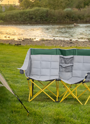 Loveseat Style Camping Chair, Oversized Folding Lawn Chair with Carry Bag & Cup Holders, for Outdoor, Beach, Picnic, Hiking, Travel, Green & Gray
