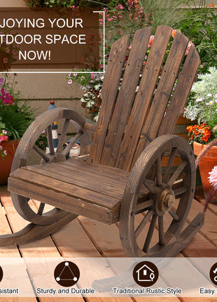 Wooden Rocking Chair, Adirondack Rocker Chair w/Slatted Design and Oversized Back, Outdoor Rocking Chair with Wagon Wheel Armrest for Porch, Poolside, and Garden, Carbonized
