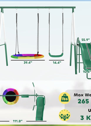 Metal Swing Set with Slide, Saucer Swing Seat, Heavy Duty A-Frame Stand and Adjustable Rope for Backyard, Dark Green