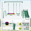 Metal Swing Set with Slide, Saucer Swing Seat, Heavy Duty A-Frame Stand and Adjustable Rope for Backyard, Dark Green