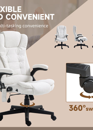 6 Point Vibrating Massage Office Chair with Heat, Linen High Back Massage Desk Chair with Reclining Backrest, White