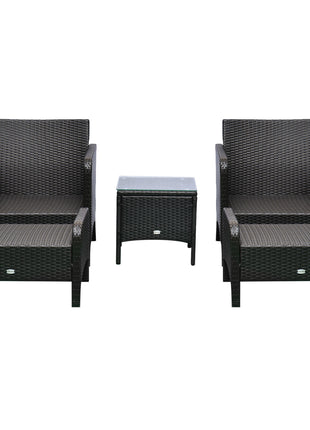 5 Pieces Rattan Wicker Lounge Chair Outdoor Patio Conversation Set with 2 Cushioned Chairs, 2 Ottomans and Tempered Glass Top Coffee Table, Brown/Blue