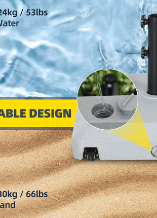 Patio Umbrella Base with Wheels, 53lbs Water or 66lbs Sand Filled, Heavy Duty Outdoor Umbrella Stand Holder, Gray