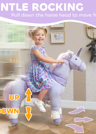 Ride on Unicorn Toy for Kids 4-7 Years, 37.8 Inch Plush Baby Rocking Horse with Wheels, No Battery Required, Purple