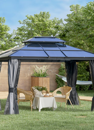 10' x 12' Hardtop Gazebo Canopy with Polycarbonate Roof, Aluminum Frame, Permanent Pavilion Outdoor Gazebo with Netting, for Patio, Garden, Backyard, Deck, Lawn, Light Gray