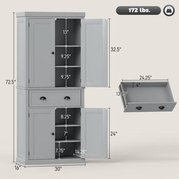 72.5" Kitchen Cabinet, Pantry Storage Cabinet with Doors and Shelves, Freestanding Food Pantry Cabinet, Gray