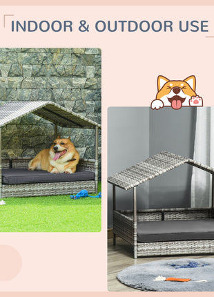 Wicker Dog House Elevated Raised Rattan Bed with Removable Cushion Lounge, Charcoal Gray