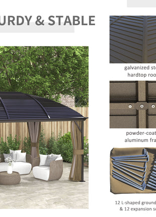 10' x 14' Hardtop Gazebo with Curtains, Netting, Pavilion with Steel Roof Ceiling Hook for Garden Patio, Brown