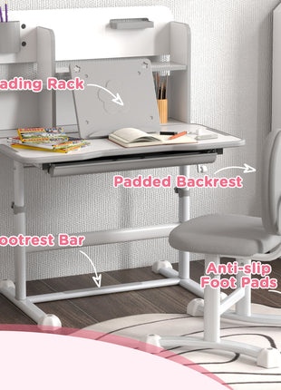 Height Adjustable Kids Desk and Chair Set for Writing Drawing w/ Tilt Desktop, Storage Drawer and Reading Rack, Gray