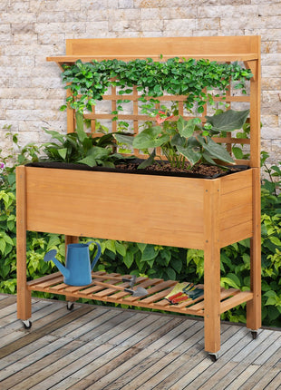 41"x18"x53" Elevated Garden Raised Bed with Shelf and Wheels Solid Wood Planter Flower Herb Boxes for Vegetables Flower Outdoor/Indoor - Brown