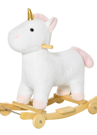2 in 1 Kids Rocking Horse, Rolling Unicorn with Sound, Wooden Base, Pedal, Grip Handle, for 3-6 Years Old, White