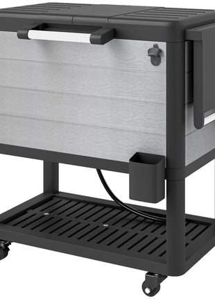 104 Quart Large Capacity Outdoor Cooler Cart, Patio Rolling Ice Chest with Bottle Opener Shelves Wheels, Gray