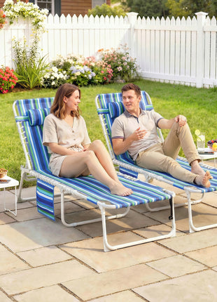 Tanning Chair Set of 2 with Face Hole and Side Table, 5-Position Folding Outdoor Chaise Lounge Chair, Blue Stripe