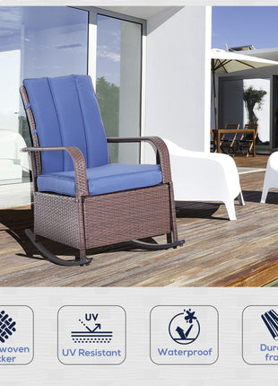 Outdoor Rattan Wicker Rocking Chair Patio Recliner with Soft Cushion, Adjustable Footrest, Max. 135 Degree Backrest, Blue