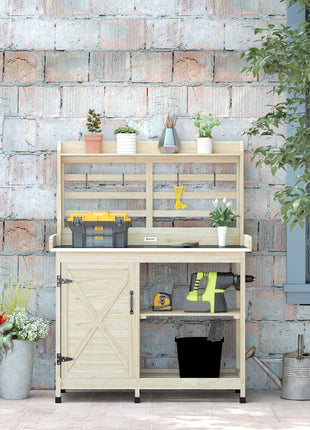 Wooden Potting Bench with Storage, Sink, Water Tap for Backyard, Patio, Balcony, Natural