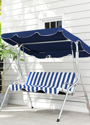 3-Person Porch Swing with Canopy, Patio Swing Chair, Outdoor Canopy Swing Bench with Adjustable Shade, Cushion and Steel Frame, Dark Blue & White Striped