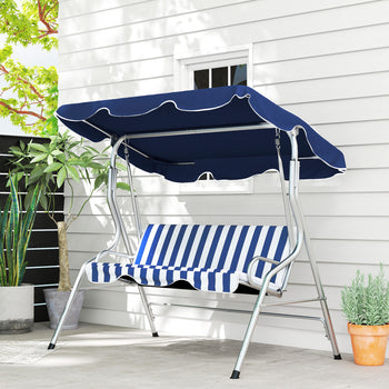 3-Person Porch Swing with Canopy, Patio Swing Chair, Outdoor Canopy Swing Bench with Adjustable Shade, Cushion and Steel Frame, Dark Blue & White Striped