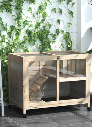 Rabbit Hutch with Wheels, Desk and Side Table Sized, Wooden Rabbit Cage, Waterproof Small Bunny Cage with Removable Tray, Openable Roof, for Rabbits, Chickens, Ducks, Indoor/Outdoor, Natural