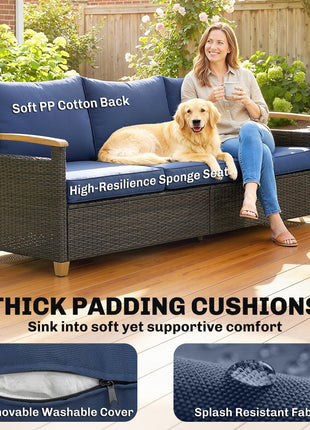 3 Seater Outdoor Couch Sofa, PE Wicker Patio Sofa, Wide Deep Seat, 4" Cushions, Wood-Effect Armrests Legs, Dark Blue