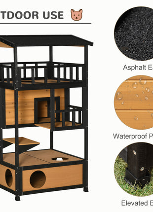 Wooden Outdoor Cat House, Feral Cat Shelter Kitten Condo with Asphalt Roof, Escape Doors, Condo, Jumping Platform, Yellow