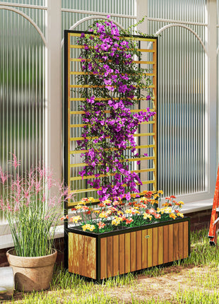 Wooden Raised Garden Bed with Trellis, Removable Pots for Backyard, Patio, Balcony, 29" x 11" x 52", Teak