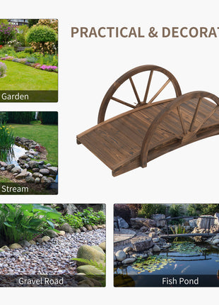 3.3ft Wooden Garden Bridge Arc Footbridge with Half-Wheel Style Railings & Solid Fir Construction, Stained Wood