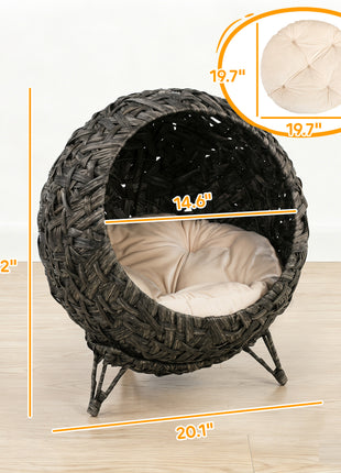 Rattan Cat Bed, Elevated Handwoven Cat Basket Bed with Soft Cushion and Metal Base