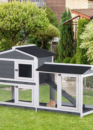 2-tier Indoor Rabbit Enclosure, Wood Hutch Backyard Small Animal House Ramp Outdoor Run Enclosed