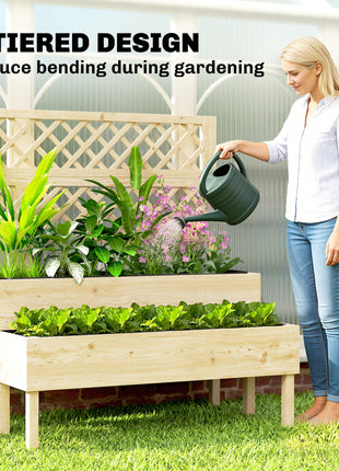 2-Tier Raised Garden Bed with Trellis, Elevated Planter Box for Climbing Plants, Natural