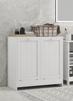 Tilt-out Laundry Storage Cabinet with 2 Compartment Hampers, White