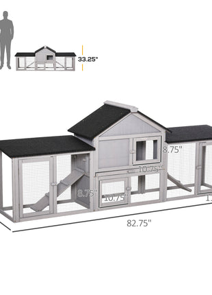 Outdoor Rabbit House 83" 2 Story Deluxe XL Wooden Rabbit Hutch Big Bunny Cage w/ Ladder and Run, Gray