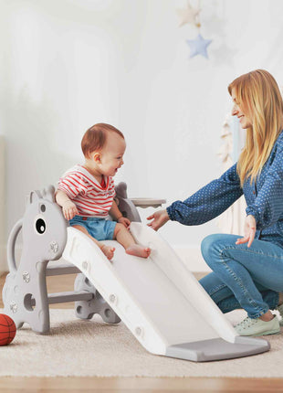 3-in-1 Toddler Slide for Age 1-3, Freestanding Kids Slide with Climber, Basketball Hoop and Ball, Giraffe Design, Gray