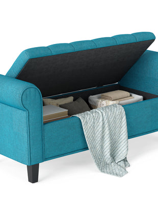 50 Inches Storage Ottoman, End of Bed Bench with Rolled Arms, Wood Legs, Button Tufted Storage Bench, Teal