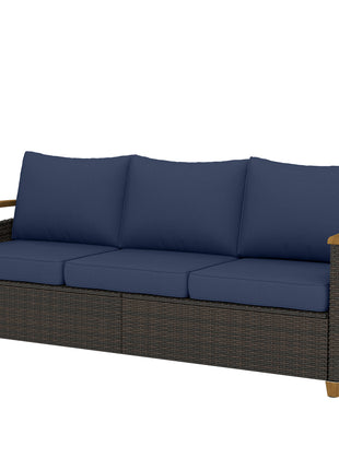 3 Seater Outdoor Couch Sofa, PE Wicker Patio Sofa, Wide Deep Seat, 4" Cushions, Wood-Effect Armrests Legs, Dark Blue