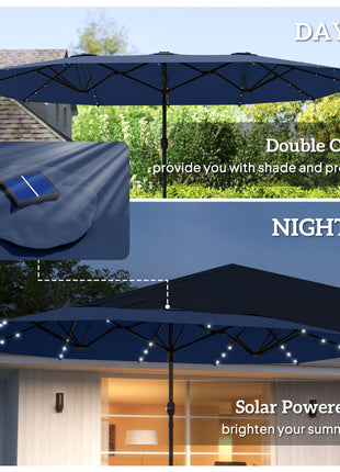 Garden Parasol 14.4ft Double-Sided Sun Umbrella with Base, Patio Parasol with LED Solar Lights, Navy Blue