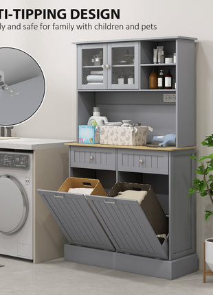 Kitchen Cabinet with Charging Station, 2 Tilt Out Cabinets, Microwave Stand, Freestanding Kitchen Pantry Cabinet, Gray