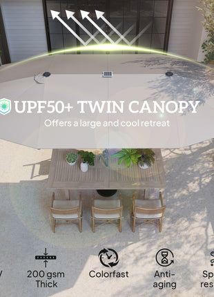 15ft Double-Sided Outdoor Umbrella with Solar Lights, UPF50+ Extra Large Aluminum Patio Umbrella with Crank, Dark Gray
