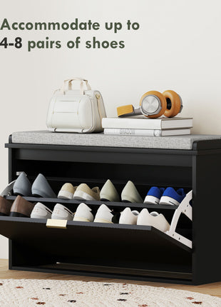 Shoe Storage Bench with Padded Seat Cushion and Flip-Drawer, Entryway Bench, Shoe Cabinet, 31.5x10.2x18.7 Inches, Black