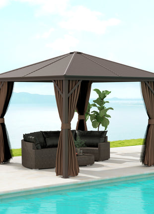 10' x 10' Hardtop Gazebo Canopy, Permanent Pavilion with Hook, Curtains, Aluminum Frame for Patio, Garden, Dark Brown