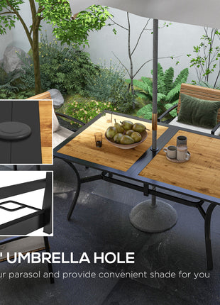 Rectangular Patio Table with Umbrella Hole, Faux Wood Rectangle Outdoor Dining Table for 6 People for Garden, Brown