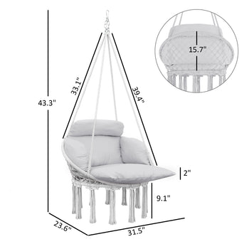Hammock Swing Chair, Macrame Hanging Chair with Large Cushion, Chain, Steel Frame for Indoor Outdoor Use, Gray