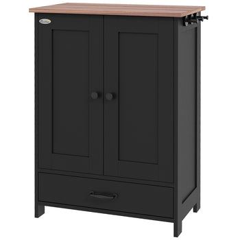 Pet Feeding Station, Dog Food Storage Cabinet w/ Raised Dog Bowls, Adjustable Panel, Hooks for Medium Dogs, Black