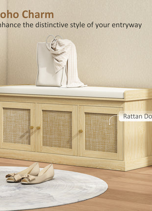 Shoe Storage Bench with Woven Rattan Doors, Shoe Bench with Cushion, Adjustable Shelves, Entryway Bench, Oak Tone